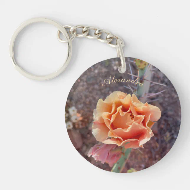 Pretty Peach Prickly Pear Flower Keychain