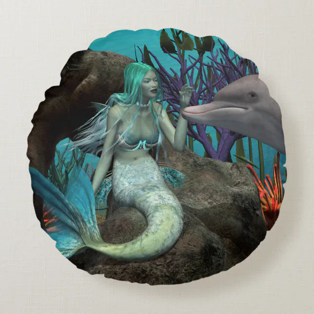 Mermaid and Dolphin Under the Sea Round Pillow