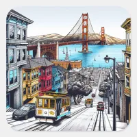 San Francisco, California Comic Book Style Art Square Sticker