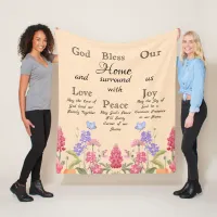 God Bless Our Home Beige Floral Wildflowers Fleece Blanket