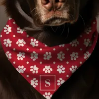 Red And White Polka Dot Paw Print Monogram Dog Bandana