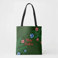 Christmas tree branch with snowflake decorations tote bag