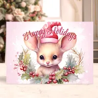 Cute Mouse and Holly Happy Holidays Holiday Card