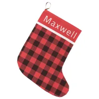 Personalized Rustic Red and Black Buffalo Plaid La Large Christmas Stocking