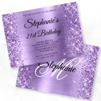 Glittery Light Purple Glam Monogram 21st Birthday Invitation