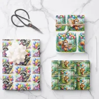 Cute Raccoon, Bear and Squirrel Birthday Wrapping Paper Sheets
