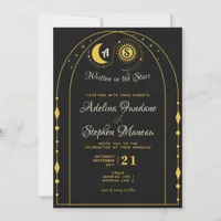 Celestial Black Gold Moon Sun Crest RSVP QR Code Invitation