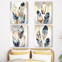 Navy Blue and Gold Feather Abstract Art Set Acrylic Photo Tile