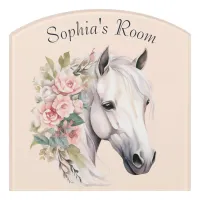 Pretty White Horse Pink Flowers Watercolor Cute Door Sign