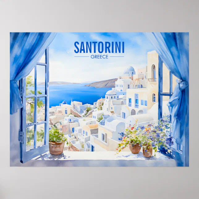 Santorini Watercolor Painting Greece Travel | Art Poster