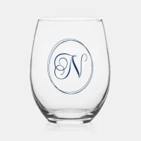 Round Curly Script Navy Blue Monogram Stemless Wine Glass