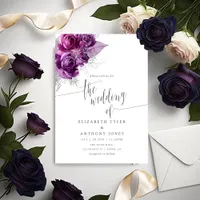 Plum and Navy Watercolor Floral Wedding Invitation