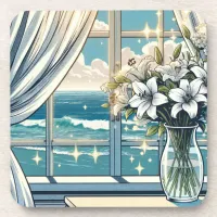 Pretty Ocean View and Vase of Flowers  Beverage Coaster