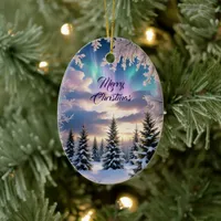 Snowy winter forest, ice crystals, northern lights ceramic ornament