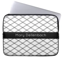 White Art Deco Pattern with Black Name Stripe Laptop Sleeve