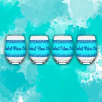 Blue Glitter & Text on Teal- Coolest Vibes Only | Stemless Wine Glass