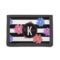 Trendy Floral Black & White Stripes Personalized Trifold Wallet