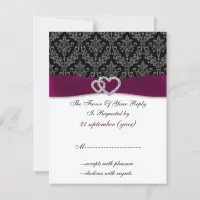 Fuchsia damask FAUX ribbon diamante Wedding RSVP Card