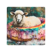 Sheep on a Rainbow Color Floating Doughnut Metal Print