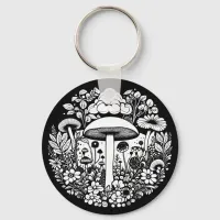 Black and White Flowers and Mushrooms Vintage Keychain