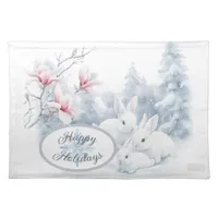 Cute White Rabbits in Snow Winter Holiday Cloth Placemat