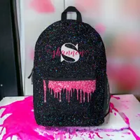 Hot Pink Drip Black Glitter Custom Name Backpack