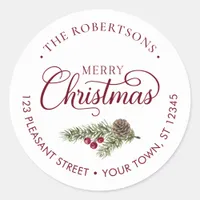 Christmas Script Botanical Burgundy Return Address Classic Round Sticker