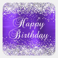 Silver Glitter Violet Purple Happy Birthday Square Sticker