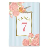 Pink Vintage Flower Bird Wedding Table Number Card