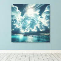 Beautiful Ocean, Dock and Fluffy Clouds Canvas Print