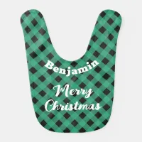 Green Buffalo Plaid Merry Christmas Personalized Baby Bib