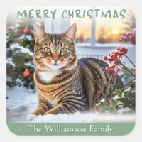 Festive Tabby Cat In Snow Cute Animal Christmas Square Sticker