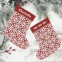 Geometric Red And White Snowflake Large Christmas Stocking