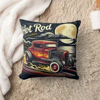 Vintage hot rod racing under a full moon at night throw pillow