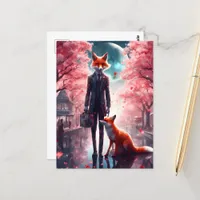 Red Fox Walking With a Brief Case Cherry Blossoms Postcard