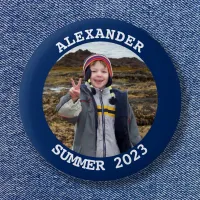 Personalized Round Family Photo Navy Blue Button