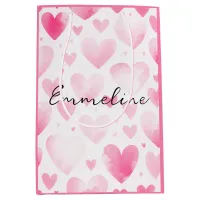 Pretty Pastel Pink Watercolor Hearts Custom Name Medium Gift Bag