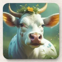 Cute White Ai Cow with Horns and Flowers Beverage Coaster