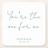 You're The One Olive Green & White Cursive Wedding Square Paper Coaster