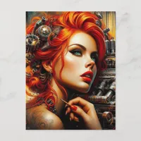 Beautiful Woman With Red Hair Steampunk Postcard