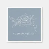 Dusty Blue Minimal Elegant Floral Sketch Wedding Napkins