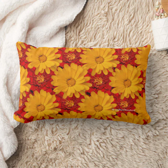 Beautiful Medley of Red Yellow Marigold Flowers Lumbar Pillow