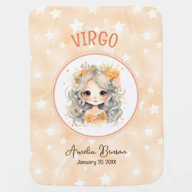 Cute Watercolor Illustration Virgo Zodiac Name Baby Blanket