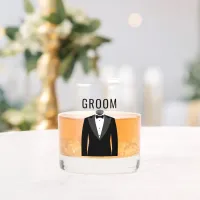 Groom's Name Black Tuxedo Wedding Date Whiskey Glass