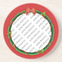 Christmas Wreath Add Your Photo & Red Background Coaster