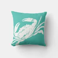 Teal Weathered Crab Print Nautical Themed Throw Pillow