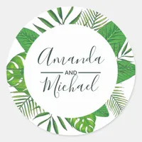 Watercolor Tropical Leaves Beach Wedding Classic Round Sticker