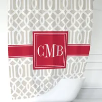 Beige & Red Trellis Monogram Shower Curtain