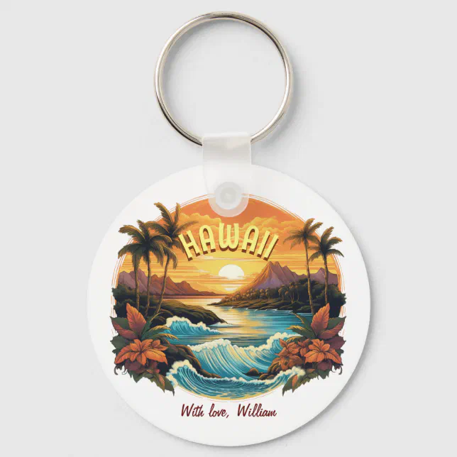 Vintage Art Sunset at Hawaii Beach Mountains Keychain