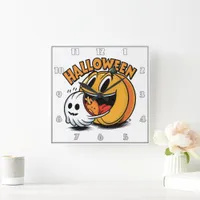 Ghost and pumpkin celebrate Halloween! Square Wall Clock